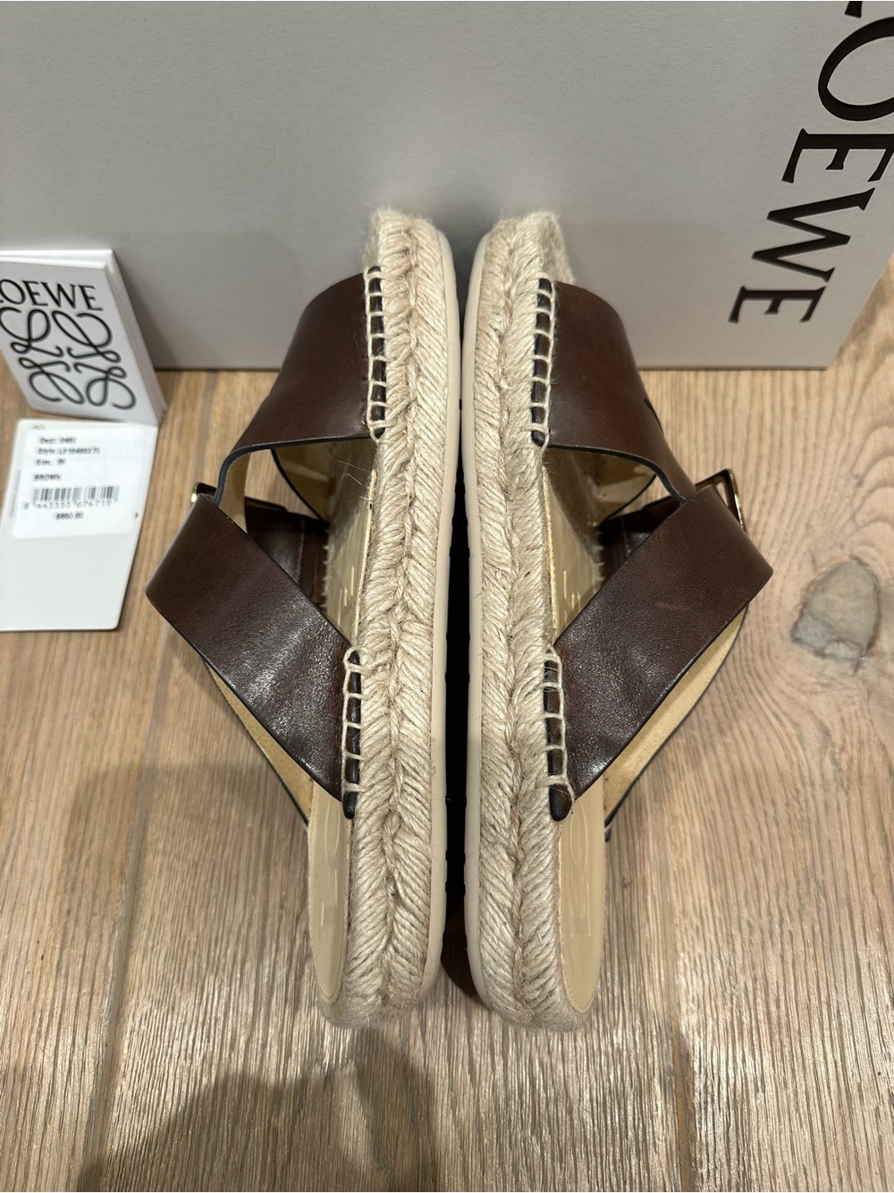 Loewe Petal Brown Espadrille Leather Buckle Slides - Picture 8 of 13